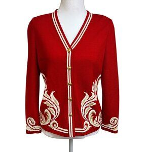 St. John Sport by Marie Gray Santana Knit Cardigan Red w/ Gold Crest Buttons